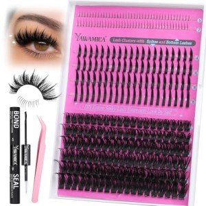 Yawamica Lash Extension Kit Wispy Lash Clusters 12-18mm with 14-20mm Spikes and 5-7mm Bottom Lashes DIY Manga Cluster Eyelash Extensions D Curly Waterproof Lashes Clusters Kit with Bond and Seal