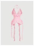 WDIRARA Women's 3D Flower Tie Front Ruffle Trim Halter Top Tie Backless Camisole Pink Solid Large