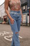 Women's Straight Leg High Waist Baggy Denim Jeans Loose Boyfriend Casual Stretchy Jeans D-Blue