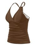 Holipick Tankini Top for Women V Neck Tummy Control Swim Top Ruched Bathing Suit Top Only No Bottom Brown
