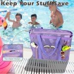 Fammart Mesh Beach Bag, Large Beach Tote with Top Zipper Closure & 8 Pockets Toys Pool Bag Family Vacation Cruise Essentials