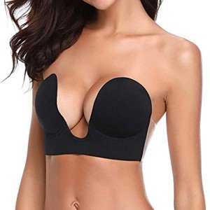 Invisible Adhesive Push-Up Bra - Sticky Strapless Bra with Clear Nipple Cover for Backless Dresses/Tops Black D