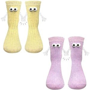 NUVCELKA 2 Pairs Magnetic Hand Holding Socks with 3D Eyes - Funny Silly Crazy Couple Socks for Women Men - Purple & Yellow Matching Best Friend Set - Cute Novelty Gift for Birthday Valentine's