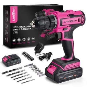 Lithitech 20V Pink Cordless Drill Set for Women - with 2.0Ah Battery & Charger, 3/8" Keyless Chuck,Lightweight Electric Power Drill Tool,2-Speed + 354 In-Lb Torque(Pink)