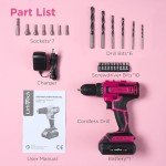Lithitech 20V Pink Cordless Drill Set for Women - with 2.0Ah Battery & Charger, 3/8" Keyless Chuck,Lightweight Electric Power Drill Tool,2-Speed + 354 In-Lb Torque(Pink)