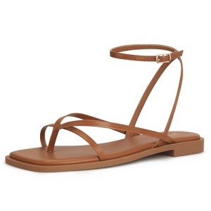 DIFEMA Women's Brown Strappy Ankle Strap Flats