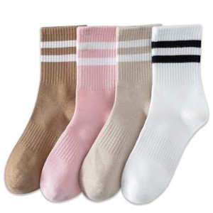 YUWELL Cozy Striped Crew Socks for Women - 4 Pairs