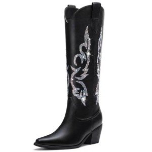 Black Rhinestone Cowboy Boots for Women - Wide Calf