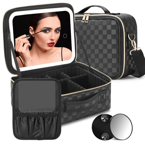 Travel Makeup Bag with LED Mirror Make up Case with Lighted Mirror 3 Color Setting Cosmetic Makeup Box Organizer Vanity Case for Women Beauty Tools Accessories Case Rechargeable (Black, Middle)