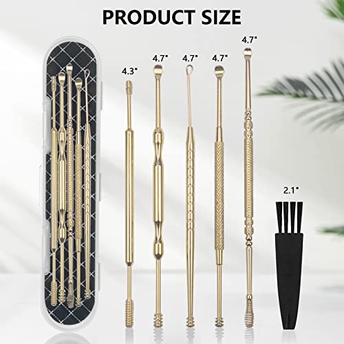 Hion 6 Pcs Ear Wax Removal Kit,Professional Double-Headed Ear Pick Earwax Removal Tools,316L Stainless Steel Ear Cleaner Curette with Cleaning Brush and Storage Box,Suit for Kid Adult(Gold)