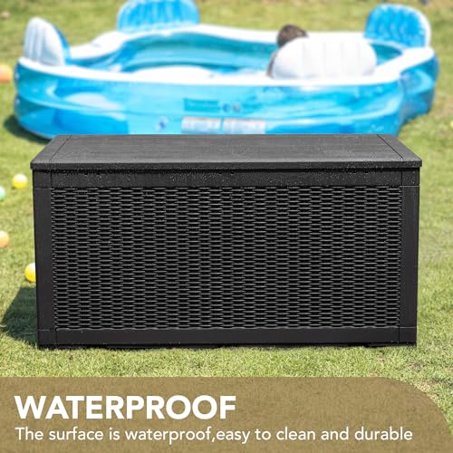 Devoko 100 Gallon Waterproof Large Resin Deck Box Indoor Outdoor Lockable Storage Container for Patio Furniture Cushions, Toys and Garden Tools (100 Gallon, Black)