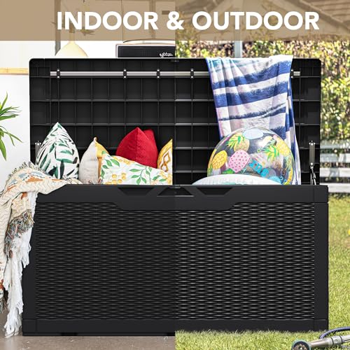Devoko 100 Gallon Waterproof Large Resin Deck Box Indoor Outdoor Lockable Storage Container for Patio Furniture Cushions, Toys and Garden Tools (100 Gallon, Black)