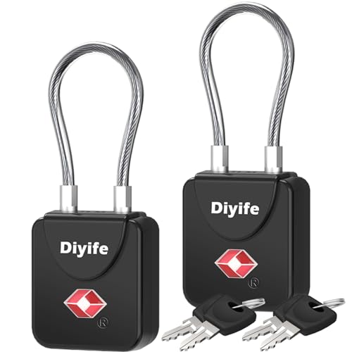 Luggage Locks with Key, [Newest Version] [2 Pack] Diyife TSA Approved Luggage Locks, Suitcase Locks, Small TSA Travel Lock with Zinc Alloy Steel Cable Ideal for Backpacks, Bags, Toolbox, Case (Black)
