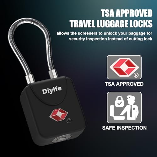 Luggage Locks with Key, [Newest Version] [2 Pack] Diyife TSA Approved Luggage Locks, Suitcase Locks, Small TSA Travel Lock with Zinc Alloy Steel Cable Ideal for Backpacks, Bags, Toolbox, Case (Black)