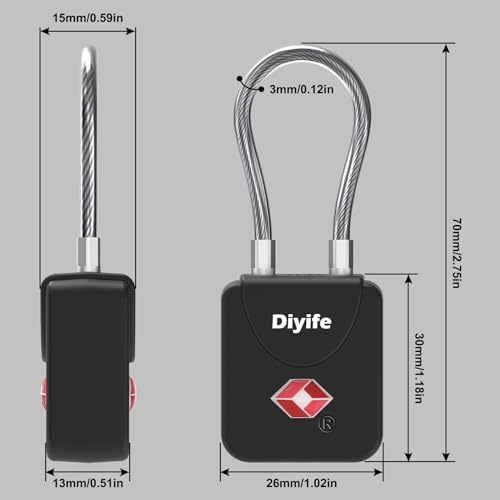 Luggage Locks with Key, [Newest Version] [2 Pack] Diyife TSA Approved Luggage Locks, Suitcase Locks, Small TSA Travel Lock with Zinc Alloy Steel Cable Ideal for Backpacks, Bags, Toolbox, Case (Black)