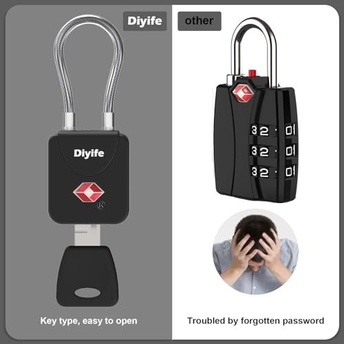 Luggage Locks with Key, [Newest Version] [2 Pack] Diyife TSA Approved Luggage Locks, Suitcase Locks, Small TSA Travel Lock with Zinc Alloy Steel Cable Ideal for Backpacks, Bags, Toolbox, Case (Black)