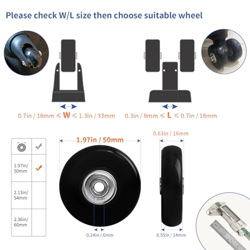 Luggage Wheels Replacement Set 4PC Diameter 2in/50mm0.55in/14mm Thick PU Wheels with Ball Bearing 3 Size Axles Full Set Repair Tool for Spinner Suitcase Trolley Bag Draw-bar Travel Box