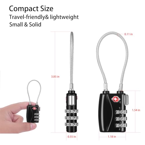 TIAWOLT Re-settable 3 Digit Combination Luggage Lock Travel Padlock TSA Approved Cable Lock with Zinc Alloy Body for Gym,Backpack,Bike Locks,Lockers,Case,Toolbox,Doors&Windows(Black,1 Pack)