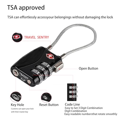 TIAWOLT Re-settable 3 Digit Combination Luggage Lock Travel Padlock TSA Approved Cable Lock with Zinc Alloy Body for Gym,Backpack,Bike Locks,Lockers,Case,Toolbox,Doors&Windows(Black,1 Pack)