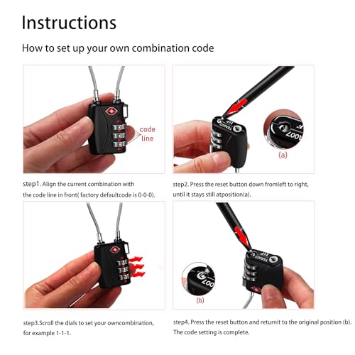 TIAWOLT Re-settable 3 Digit Combination Luggage Lock Travel Padlock TSA Approved Cable Lock with Zinc Alloy Body for Gym,Backpack,Bike Locks,Lockers,Case,Toolbox,Doors&Windows(Black,1 Pack)