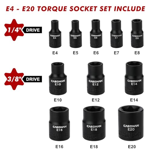 CASOMAN 11PCS Female Torx Socket Set, E4 - E20