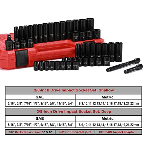 CASOMAN Impact Socket Set, 3/8" Drive, 48 Piece