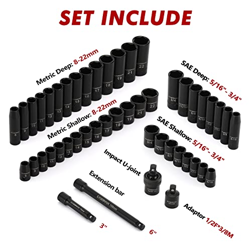 CASOMAN Impact Socket Set, 3/8" Drive, 48 Piece