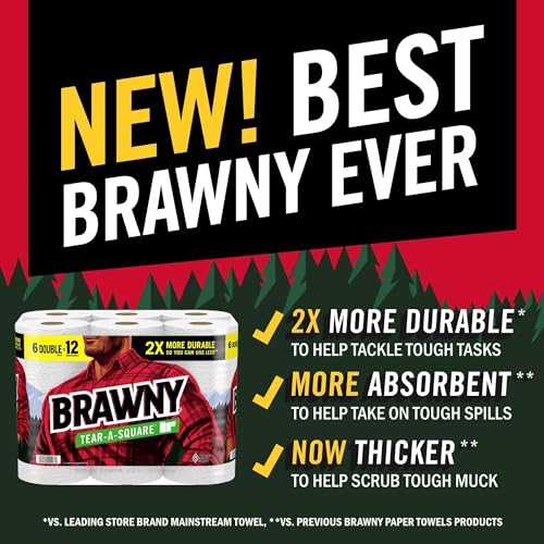 Brawny Tear-A-Square Paper Towels, 12 Family Rolls = 30 Regular Rolls, 3 Sheet Sizes (Quarter, Half, Full), Strength for All Messes, Cleanups, and Meal Prep