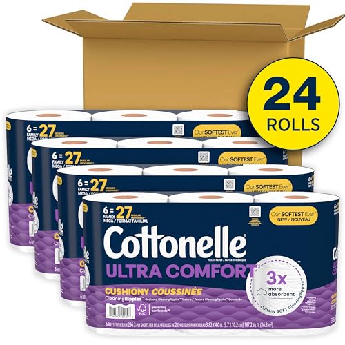 Cottonelle Ultra Comfort Toilet Paper with Cushiony CleaningRipples Texture, 24 Family Mega Rolls (24 Family Mega Rolls = 108 Regular Rolls) (4 Packs of 6), 296 Sheets per Roll, Packaging May Vary