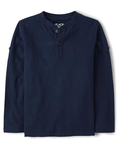 The Children's Place Boys' Long Sleeve Rolled Cuff Henley Shirt, Tidal Blue
