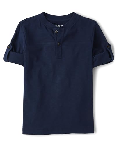 The Children's Place Boys' Long Sleeve Rolled Cuff Henley Shirt, Tidal Blue