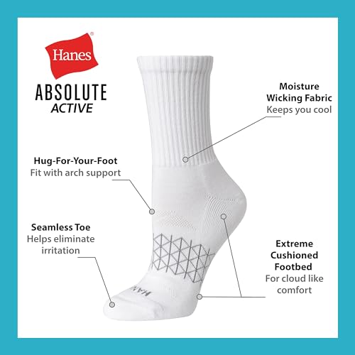 Hanes Cushioned, Absolute Active Crew Socks for Women, Seamless Toe, 4-Pairs, White, 5-9