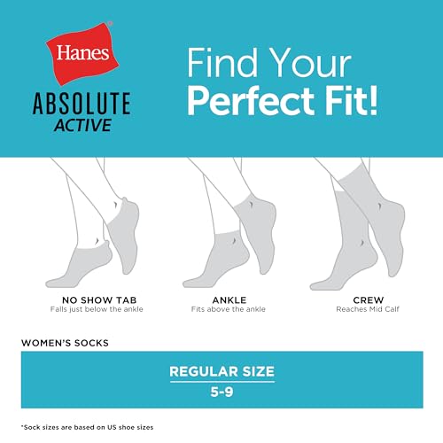 Hanes Cushioned, Absolute Active Crew Socks for Women, Seamless Toe, 4-Pairs, White, 5-9