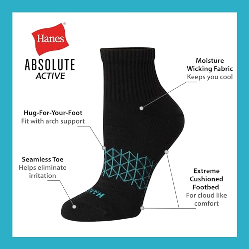 Hanes Cushioned, Absolute Active Ankle Socks for Women, Seamless Toe, 4-PRS, White, 5-9
