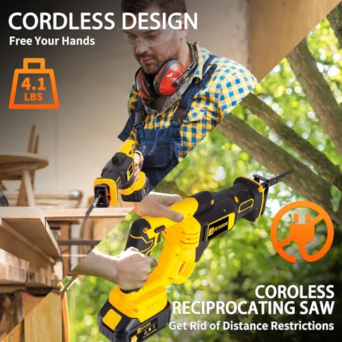 JEXUGK Reciprocating Saw Cordless, 21V 2 x 4.0Ah Battery Brushless Power Cordless Saw, 0-3500 SPM Variable Speed, 8 Saw Blades & Fast Charger Reciprocating Saws for Wood/Metal/PVC Cutting