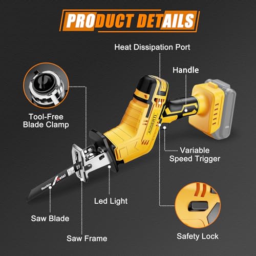 Cordless Reciprocating Saw for DEWALT 20V Max Battery, Brushless Motor Variable Speed 0-3500 SPM, Tool-free Blade Change, AODERTI Recipro Sawzall with 4 Saw Blades for Wood/Metal Cutting (Tool Only)