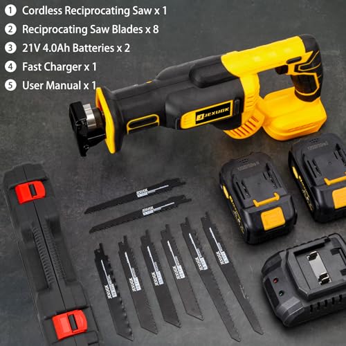JEXUGK Reciprocating Saw Cordless, 21V 2 x 4.0Ah Battery Brushless Power Cordless Saw, 0-3500 SPM Variable Speed, 8 Saw Blades & Fast Charger Reciprocating Saws for Wood/Metal/PVC Cutting