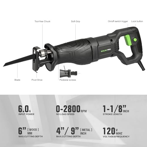 GALAX PRO 120V Reciprocating Saw, 6.0 Amp Variable Speed Corded Reciprocating Saw with1-1/8" Stroke Length, 2800RPM and 6" Max for Wood, Metal, PVC Pipe Cutting