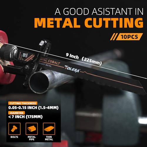 TOLESA Bi-Metal Sawzall Blades Metal Cutting 9 Inch 18 TPI, 10 Pack Reciprocating Saw Blades for Metal Pipes, Metal Profiles, Medium & Thin Sheet Metal Cutting