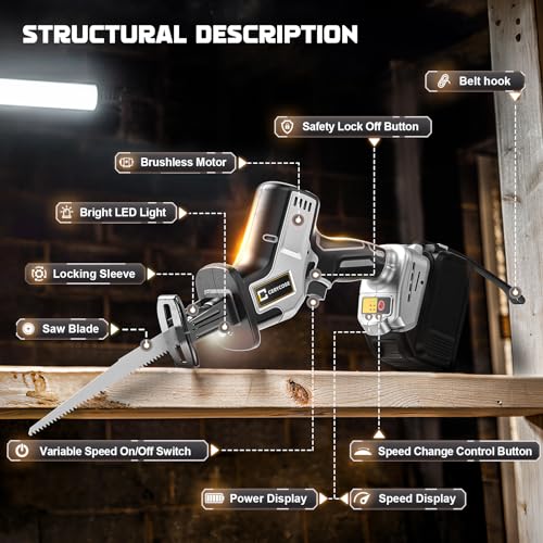 Cordless Reciprocating Saw for DeWalt 20V Max, Brushless Motor Variable Speed, Tool-Free Blade Change, Cerycose Reciprocating saw with LED Light,4 Saw Blades for Metal Wood PVC Cutting, No Battery