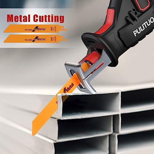 PULITUO Cordless Reciprocating Saw, Speed 3000SPM，with Clamping Jaw, 2000 mAh Battery/ 1-Hour Fast Charge,Safety Gloves& Goggles, 4Pcs of Saw Blades for Wood/Metal/PVC