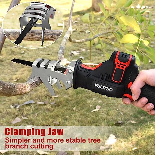 PULITUO Cordless Reciprocating Saw, Speed 3000SPM，with Clamping Jaw, 2000 mAh Battery/ 1-Hour Fast Charge,Safety Gloves& Goggles, 4Pcs of Saw Blades for Wood/Metal/PVC