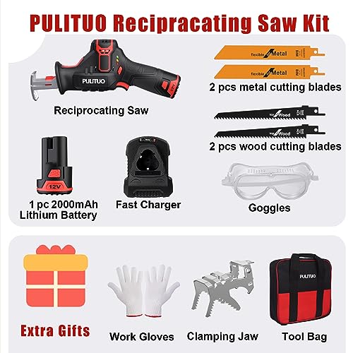 PULITUO Cordless Reciprocating Saw, Speed 3000SPM，with Clamping Jaw, 2000 mAh Battery/ 1-Hour Fast Charge,Safety Gloves& Goggles, 4Pcs of Saw Blades for Wood/Metal/PVC