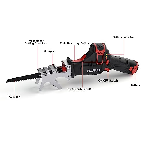 PULITUO Cordless Reciprocating Saw, Speed 3000SPM，with Clamping Jaw, 2000 mAh Battery/ 1-Hour Fast Charge,Safety Gloves& Goggles, 4Pcs of Saw Blades for Wood/Metal/PVC