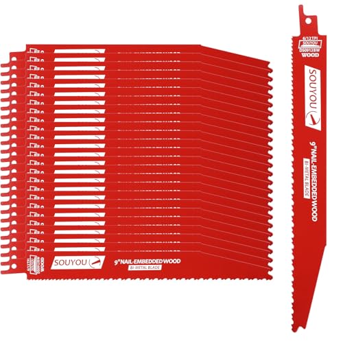 Souyou 25 Pack 9 Inch 6/12 Tpi Reciprocating Saw Blades Bi-Metal Steel Demon with Perma-Shield Coating Stud and Nail Sawzall Blades Sawzall Blades for Cutting Embedded Wood Metals PVC Pallets etc.