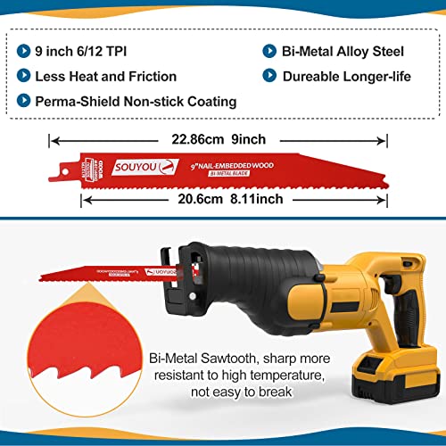 Souyou 25 Pack 9 Inch 6/12 Tpi Reciprocating Saw Blades Bi-Metal Steel Demon with Perma-Shield Coating Stud and Nail Sawzall Blades Sawzall Blades for Cutting Embedded Wood Metals PVC Pallets etc.