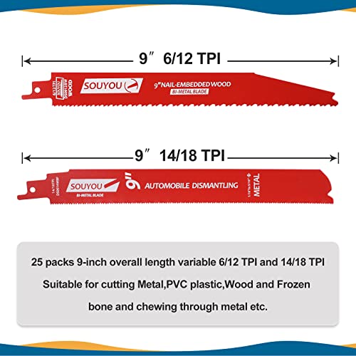 Souyou 25 Pack 9 Inch 6/12 Tpi Reciprocating Saw Blades Bi-Metal Steel Demon with Perma-Shield Coating Stud and Nail Sawzall Blades Sawzall Blades for Cutting Embedded Wood Metals PVC Pallets etc.