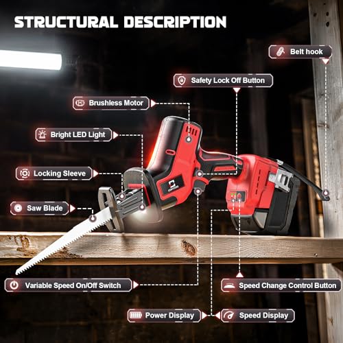 Cordless Reciprocating Saw for Milwaukee m18 18V Battery, Brushless motor, Variable Speed 0-3000 Spm,Tool Free Blade Change, 4 Saw Blades for Wood/Metal/PVC Cuts (NO Battery Included)