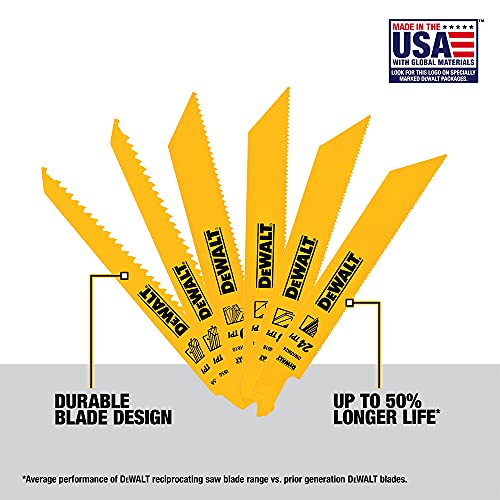 DEWALT DW4856 6pc Metal/Woodcutting Reciprocating Saw Blade Set, Metallic