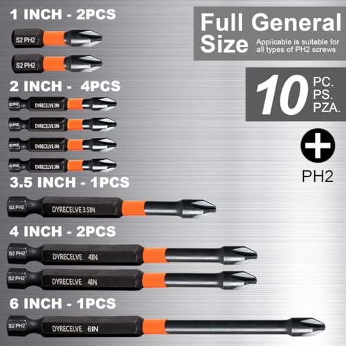 10-Pack Impact Magnetic Phillips Head Drill Bits - S2 Alloy Steel